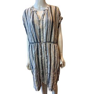 Time and Tru Womens Striped Sheath Dress Split V Neck Round Hem White Gray SZ L